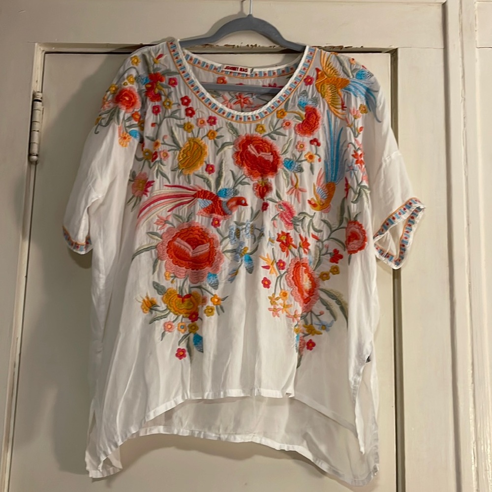 JOHNNY WAS embroidered tunic sz Med  very sheer rayon absolutely gorgeous!!
